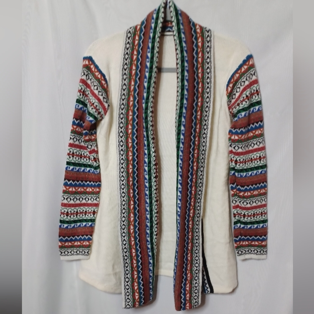 Abstract and Beige Multi-Color Cardigan Sweater. Size M/L